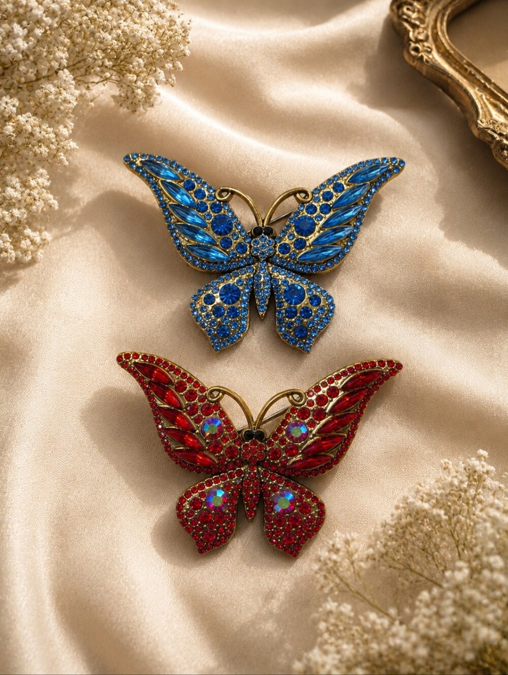 Sparkling Butterfly Brooch Pin | Blue or Red Crystal Rhinestones | Choose Color